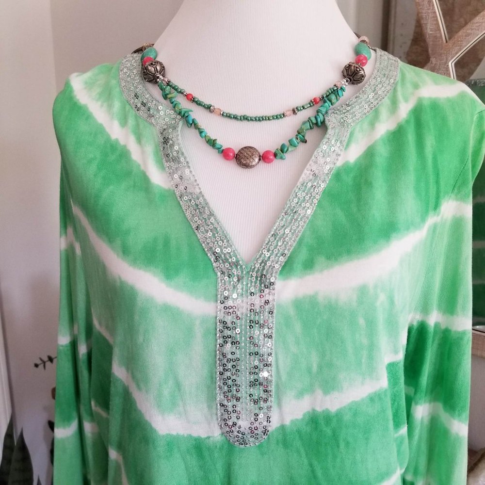 INC International Concepts Top Tunic Green & White Tie Dye Sequins Size 0X - Picture 5 of 12